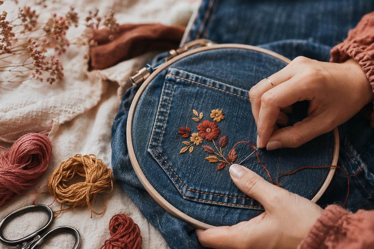 Mains brodant un motif sur une poche de denim