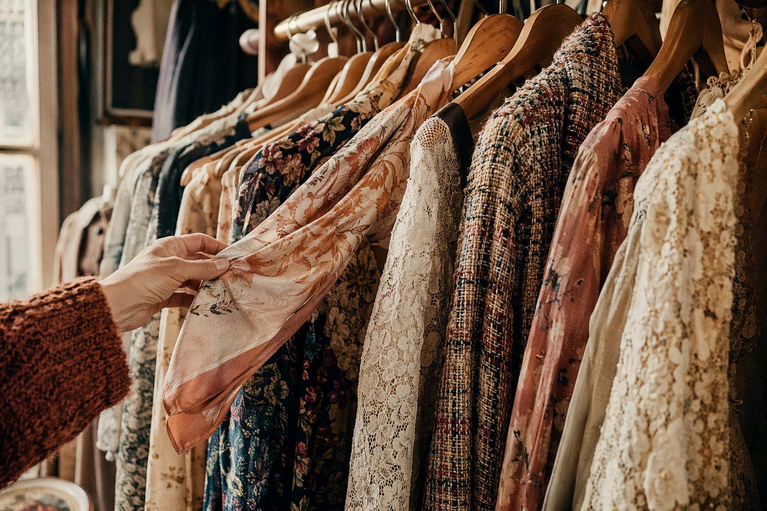 Portant de vêtements vintage dans une friperie d'Orléans